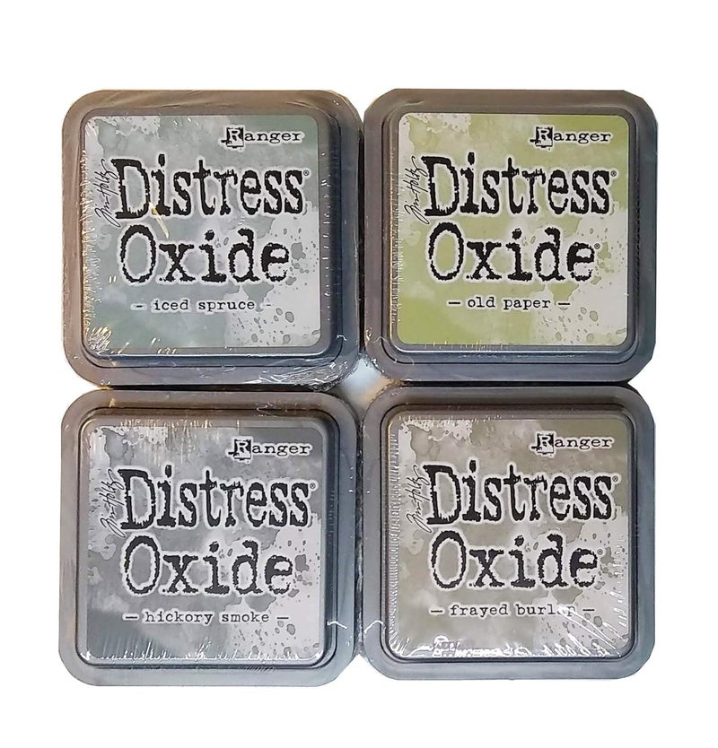 Tim Holtz Ranger Distress Oxide Ink Bundle - Four 3" x 3" Pads (W - Washed Out : Old Paper, Frayed Burlap, Iced Spruce, and Hickory Smoke)